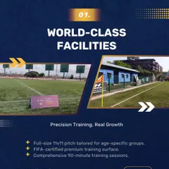 Our world-class facilities include full-size 11v11 pitches tailored for age-specific groups and FIFA-certified training surfaces.