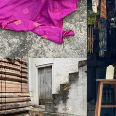 A collage of textures and moments. A bright pink saree, the steps of a temple, and a small shop come together to tell a story of faith, color, and commerce on the street.