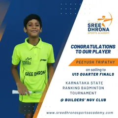 Congratulations to our player Peeyush Tripathy for reaching the U13 quarter-finals at the Karnataka State Ranking Badminton Tournament.