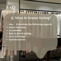 The key elements of groom styling include everything from attire and accessory selection to ensuring the perfect fit and tailoring. I handle all these details to create a cohesive look.