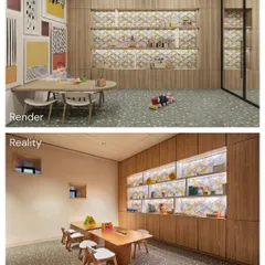 A render-to-reality view of the kids' play area at Elevate. The final space captures the warmth of the wood paneling, the playful tile backsplash, and the carefully planned lighting scheme.