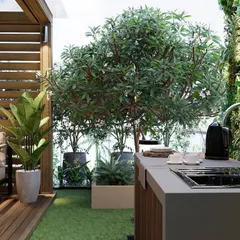 This render details the functional aspects of the design, showing the client exactly how the outdoor kitchen and vertical garden will look and feel within the space.