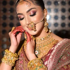 A vision dipped in royalty. This close-up shows the beautiful harmony between the soft, romantic eye makeup and the intricate details of the traditional jewelry.