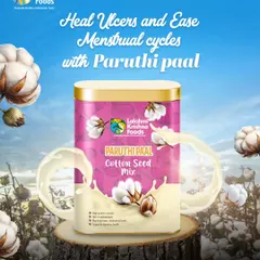 This graphic highlights the traditional healing power of our Paruthi Paal. It's a natural way to heal ulcers and ease menstrual cycles, helping you sip your way to wellness.