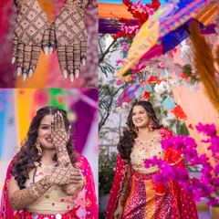 This collage showcases the bride's stunning mehendi design and the colorful decor of the event. It’s all about capturing the complete vibe of the ceremony.