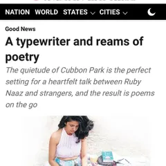 The New Indian Express article titled 'A typewriter and reams of poetry', describing my heartfelt talks with strangers in Cubbon Park.