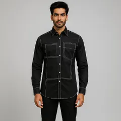 This medium shot provides a clear and direct view of the shirt's design, perfect for clients evaluating the pattern and fit of this custom piece.