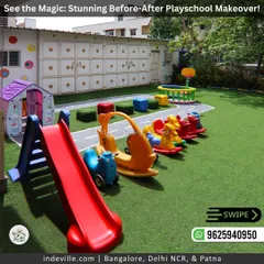 A before-and-after look at a preschool's front yard. I completely renovated the space, installing high-quality artificial turf, vibrant and safe play equipment, and adding a splash of color to the exterior walls.