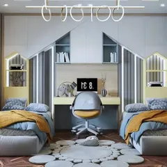 We specialize in creating beautiful, symmetrical shared rooms for siblings. This design provides each child with their own bed and personalized shelving, connected by a shared central desk for homework and creative projects.