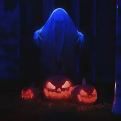 A close-up Halloween scene with a ghost figure and glowing pumpkins. The focus here was on creating a spooky but also slightly playful atmosphere, using the blue glow on the ghost and the orange light from the pumpkins.