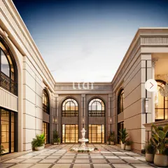 This grand courtyard is the heart of a classically inspired residence. The symmetrical design, towering arches, and central fountain evoke a sense of timeless European elegance, creating a dramatic and sophisticated arrival experience.