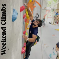 A weekend climber chalks up and prepares for his next route. The gym is the perfect place to pursue your fitness goals in a fun and social environment.