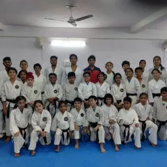 A group photo of all the participants of the kumite seminar with WKF Gold Medalist Pranay Sharma and myself.