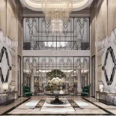 We designed this double-height foyer as a grand welcome. The space is defined by book-matched marble walls and a magnificent crystal chandelier, establishing a narrative of timeless grandeur and neoclassical elegance from the moment you step inside.