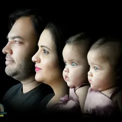 A highly creative profile silhouette of a family with their twin babies. This artistic shot is a unique way to capture the entire family together.