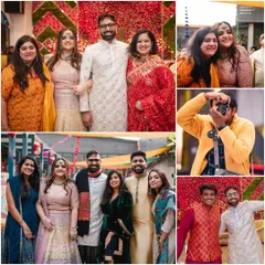 A collage of group photos with friends and family at the Mehendi. These pictures capture the fun and supportive atmosphere, showing the people who are there to celebrate the couple's love.