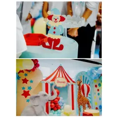 A collage showing a close-up of a clown prop and a wider view of the circus stage, featuring an elephant, giraffe, and big top tent.