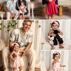 A vibrant collage showcasing a family's love and laughter during a studio session, featuring group portraits, parent-child moments, and adorable solo shots of their toddler.