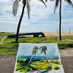 The final watercolor piece from my painting session in Tanur, Kerala. Holding the sketchbook up to the real scene shows how I translate the natural landscape into my own artistic language.