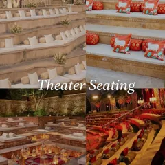 A moodboard showcasing different 'Theater Seating' ideas, perfect for ceremonies or performances, from simple cushions on steps to more elaborate setups.