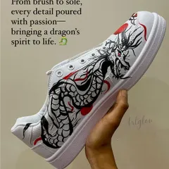 From a simple idea to a wearable legend. I poured hours of passion into these custom sneakers, bringing a dragon's spirit to life with every brushstroke. Each detail is painted by hand to tell a story with every step you take.
