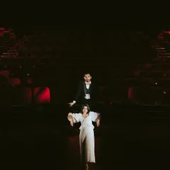 This wide shot uses dramatic lighting to create a powerful, minimalist composition in the theatre. The couple is the central focus in a vast, darkened space, symbolizing that they are the main characters in their own love story.