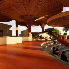 A rendering showing the final vision for the red oxide floor at the TAPMI Centre's amphitheater, creating a warm, earthy base for the bamboo parasols.