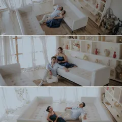 A triptych of moments in a modern studio. From a high-angle shot to playful interactions, this collage captures the couple's dynamic in a stylish setting.
