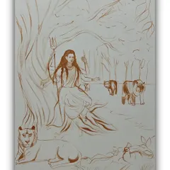The initial sketch for the large Durga oil painting, showing the foundation of the final piece.