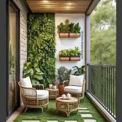 We turned this standard apartment balcony into a private green oasis. By using vertical gardens, comfortable rattan furniture, and artificial turf, we created a perfect spot for morning coffee or evening relaxation, proving that even the smallest outdoor spaces have huge potential.