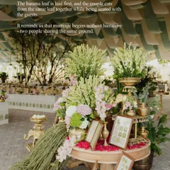 The tradition of the couple eating from the same banana leaf reminds us that marriage begins without hierarchy. We highlighted this beautiful sentiment with a stunning floral centerpiece, blending tradition with bespoke design.