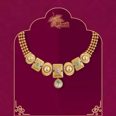 This stunning fusion necklace showcases exquisite Bikaner Meenakari work with new pastel stone fittings. The timeless shape makes it the ideal accessory to elevate any outfit with a touch of Rajasthani elegance.