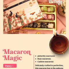For a touch of elegance, our Macaron Magic box is the perfect Diwali gift. It contains a beautiful assortment of our handcrafted pistachio, rose, and cashew macarons.
