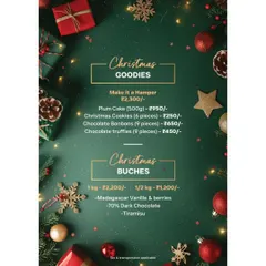 My Christmas menu of goodies and bûches. I offer everything from plum cake and Christmas cookies to festive hampers and three flavors of Bûche de Noël: Madagascar Vanilla & Berries, 70% Dark Chocolate, and Tiramisu.