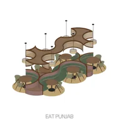 **Eat Punjab, Gandhinagar:** This isometric drawing shows our design for the Gandhinagar outlet, featuring curving booth seating and integrated ceiling elements. The design creates intimate dining pods while maintaining a sense of communal energy, with cane and wood adding warmth.