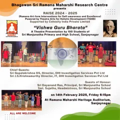The announcement for "Vishwa Guru Bharata," a theatre presentation by 100 students of Sri Manjunatha Primary and High School as part of our RAISE program. The photos show the students in action on stage.
