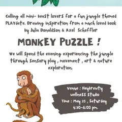 We love bringing our storybook adventures to different venues. This was the announcement for our 'Monkey Puzzle' playdate at Heybrewty Wellness Studio, a fun evening of jungle exploration for toddlers aged 1.5 to 3 years.