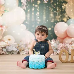 A classic first birthday portrait before the cake smash begins. This setup features a beautiful pastel balloon arch and soft lighting to create a dreamy atmosphere.