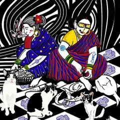 An illustration celebrating the powerful 'macchiwaalis' or fisherwomen of Mumbai, surrounded by their feline friends. This piece was exhibited at the Cat Cafe Studio.