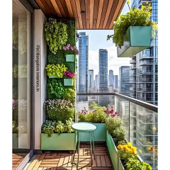 This high-rise balcony is transformed into a vertical garden with tiered green planters. The wooden deck tiles and small bistro set create a perfect spot for enjoying a morning coffee with a view.