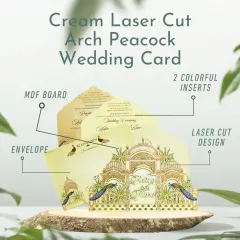 This cream laser-cut arch peacock wedding card is a masterpiece. It features an MDF board, two colorful inserts, and an intricate laser-cut design for a royal feel.