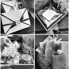 A collage showcasing the art of detail: a wax-sealed envelope, carefully packaged items, intricate bows, and rustic textures.