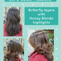 This look combines a modern butterfly haircut with delicate honey blonde highlights. The layers are designed to frame the face and add volume, while the highlights provide a soft, natural-looking dimension and shine.