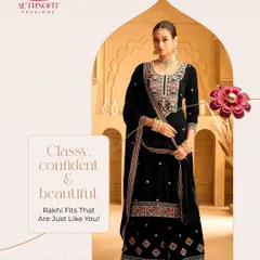 Confident, classy, and a little bit royal. My Rakhi fits are designed to match your vibe, whether you choose a bold black suit or a timeless cream Anarkali.