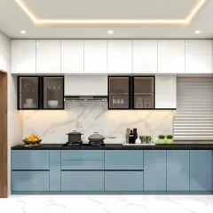 This modular kitchen design combines style and efficiency. I used high-gloss white upper cabinets to create a sense of space, paired with calming blue lower cabinets. The design includes a marble-patterned backsplash, under-cabinet lighting for task areas, and smart storage solutions to keep the countertop clutter-free.