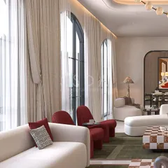 A render of an upcoming project for a young couple. The interior features soft arches that mirror the exterior architecture, along with a mix of modern mid-century furniture and bold pops of color, creating a vibrant and joyful energy.