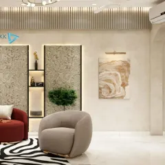 A bold living room design featuring a statement red sofa and a zebra-print rug. This shows how using strong colors and patterns can create a dynamic and high-energy space with a luxurious feel.