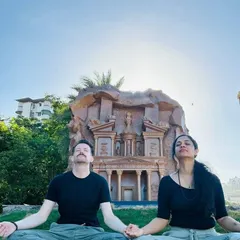 Practicing yoga with the Treasury at Petra in the background. Yoga is a universal tool that you can and should practice wherever you are in the world. Happy International Day of Yoga.