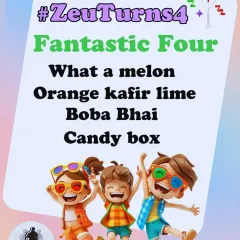 The 'Fantastic Four' mocktail menu for a kids' party. I love the challenge of creating exciting, non-alcoholic drinks with fun names like 'What a melon' and 'Boba Bhai'.
