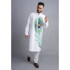 Another shot from the same men's ethnic wear collection, this one highlighting a unique peacock feather print. The simple studio lighting ensures the printed colors are vibrant and true to life.